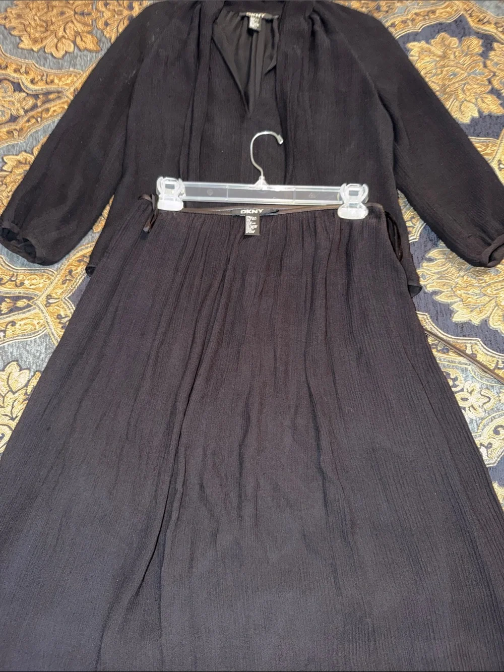 DKNY Black Sheer Tie-Neck Shirt and Skirt